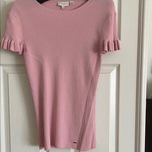 Ted Baker Dusty Pink Ribbed Short Sleeve Top with Ruffle Sleeves